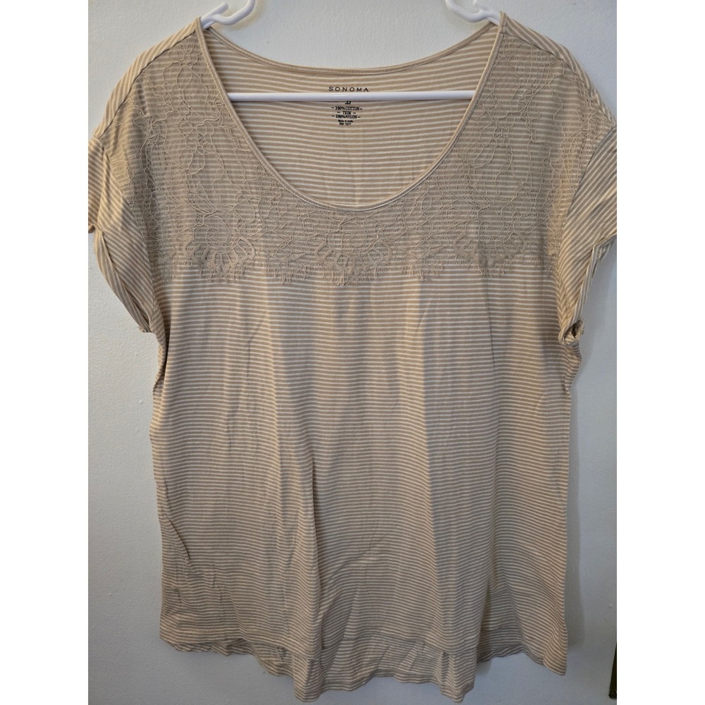 Sonoma Life Style Tan White Striped Lace Accent Cotton Top, Large
